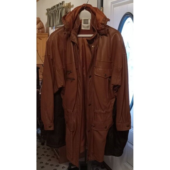VTG Mens or Womens TOGETHER Brown Leather Hooded Jacket Coat Mid-Length Size M - Picture 5 of 6